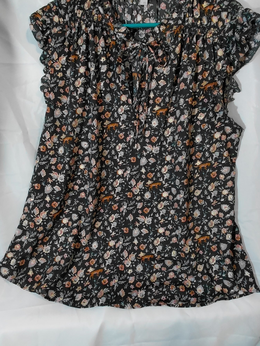 LOFT Black Floral Ruffle Tie-Neck Blouse with Pink & Tan Accents